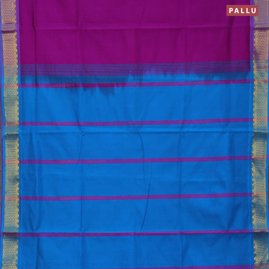 10 Yards poly cotton saree purple and cs blue with plain body and zari woven border