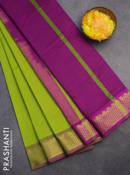 10 Yards poly cotton saree light green and purple with plain body and zari woven border