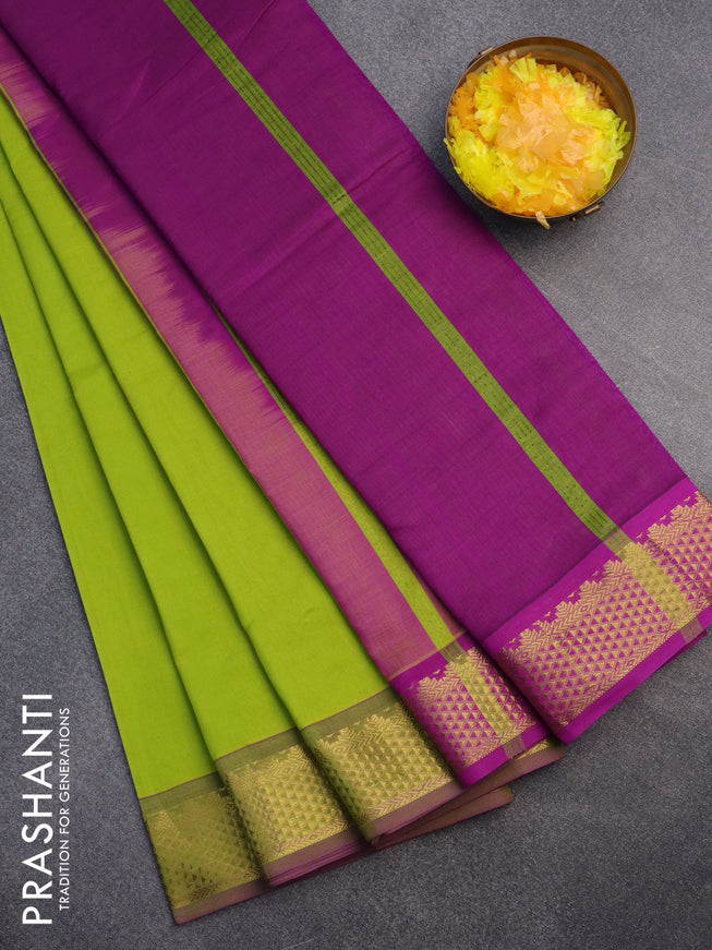 10 Yards poly cotton saree light green and purple with plain body and zari woven border