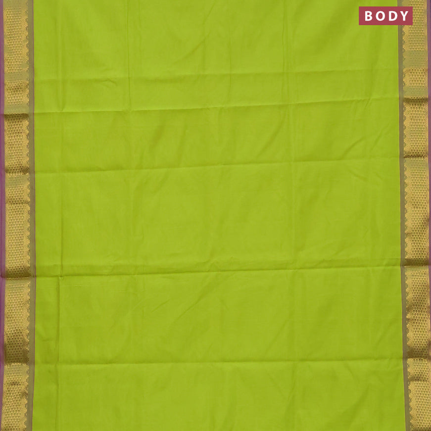 10 Yards poly cotton saree light green and purple with plain body and zari woven border