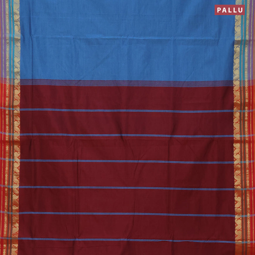 10 Yards poly cotton saree blue shade and maroon with plain body and zari woven border