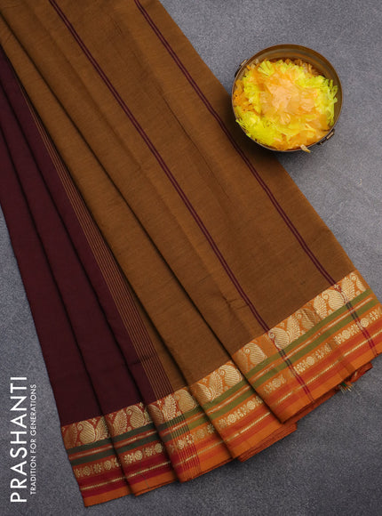 10 Yards poly cotton saree deep maroon and dark mustard with plain body and zari woven border