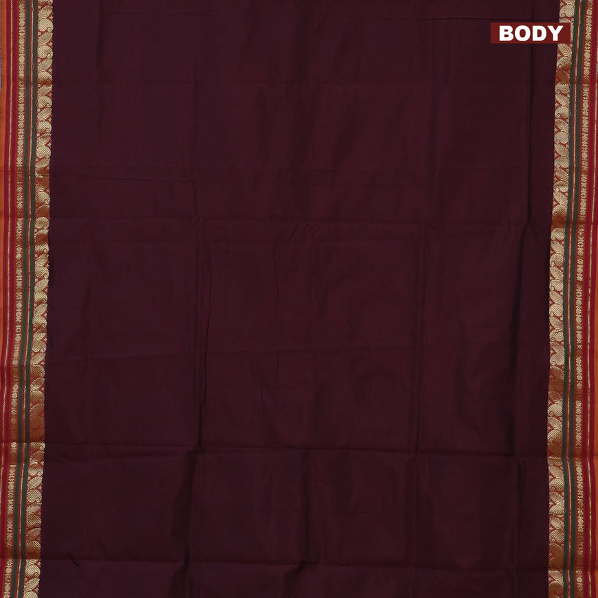 10 Yards poly cotton saree deep maroon and dark mustard with plain body and zari woven border