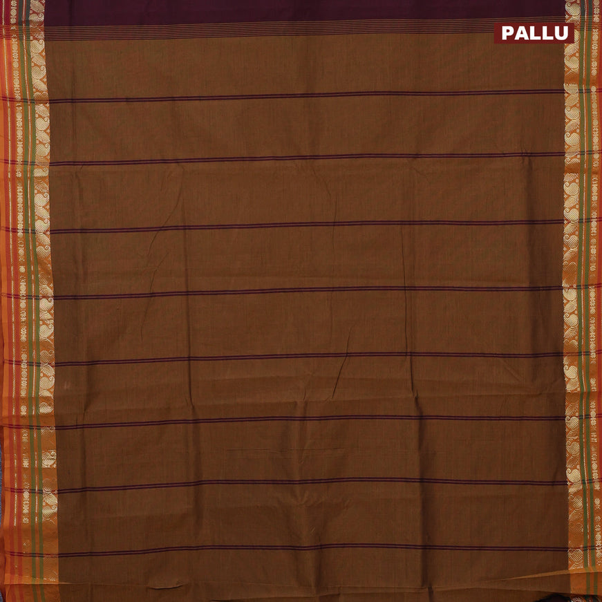 10 Yards poly cotton saree deep maroon and dark mustard with plain body and zari woven border