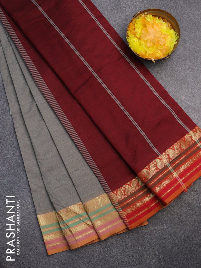 10 Yards poly cotton saree grey and maroon with plain body and zari woven border