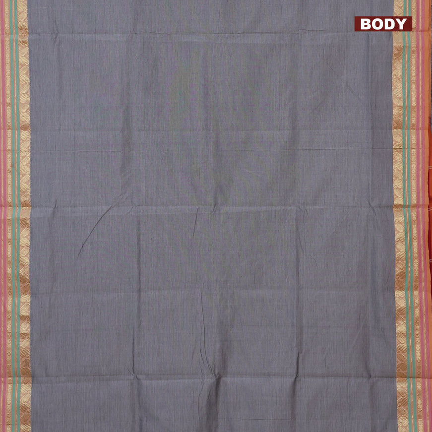 10 Yards poly cotton saree grey and maroon with plain body and zari woven border