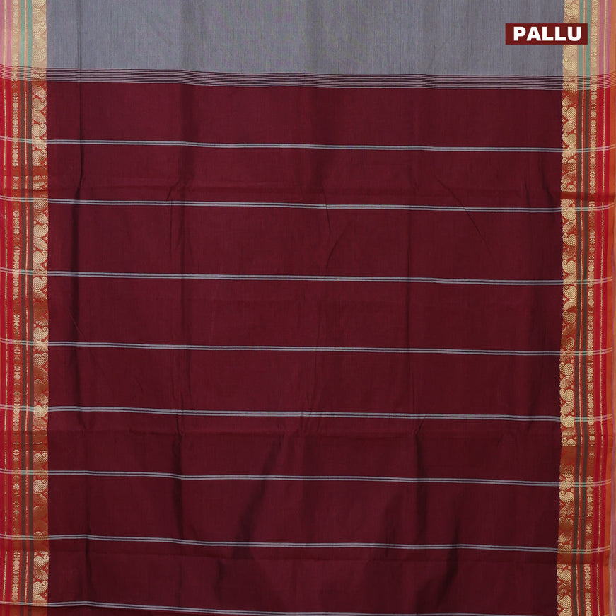 10 Yards poly cotton saree grey and maroon with plain body and zari woven border