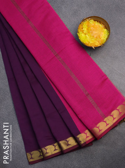 10 Yards poly cotton saree deep purple and pink with plain body and paisley zari woven border