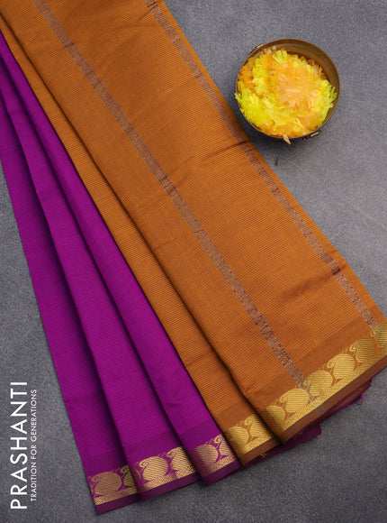 10 Yards poly cotton saree purple and mustard yellow with plain body and paisley zari woven border