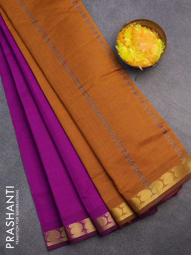 10 Yards poly cotton saree purple and mustard yellow with plain body and paisley zari woven border