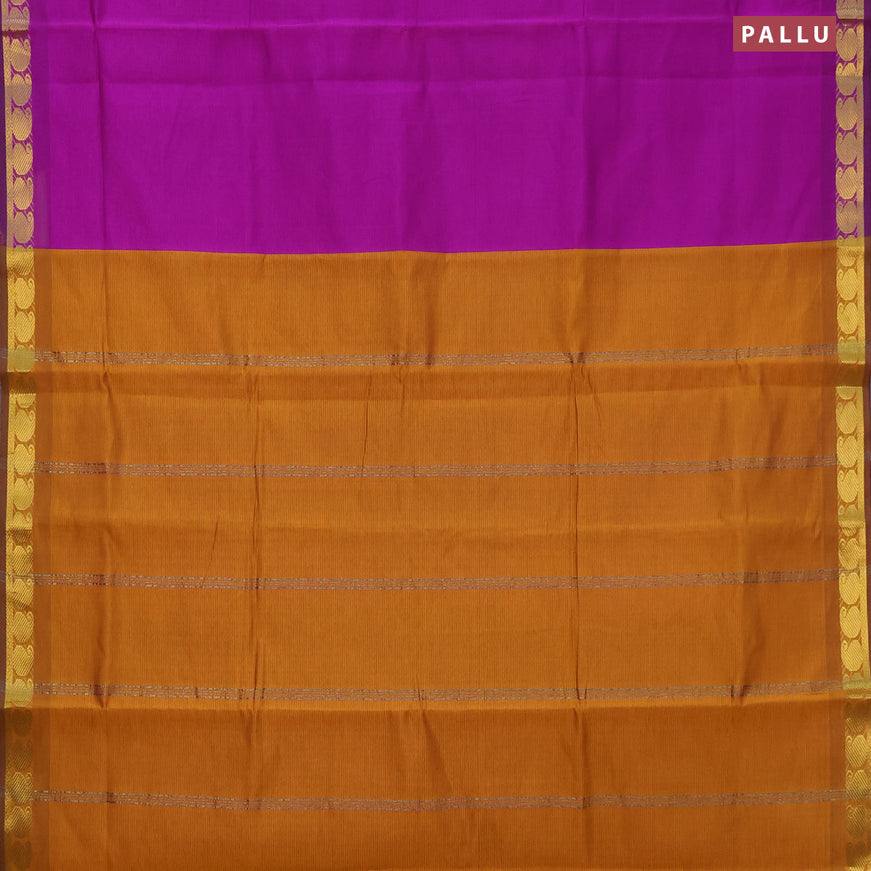 10 Yards poly cotton saree purple and mustard yellow with plain body and paisley zari woven border