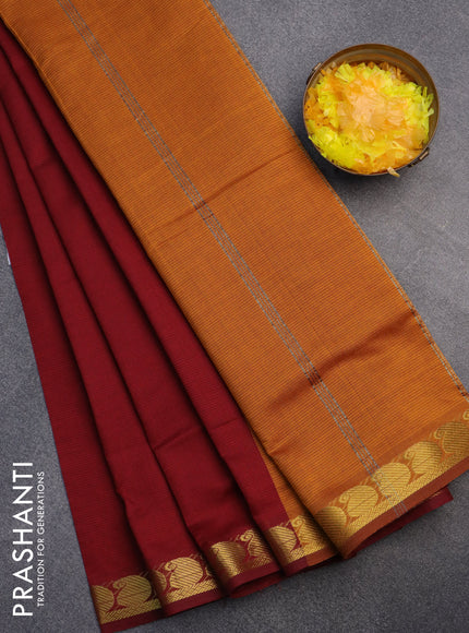 10 Yards poly cotton saree maroon and mustard yellow with plain body and paisley zari woven border