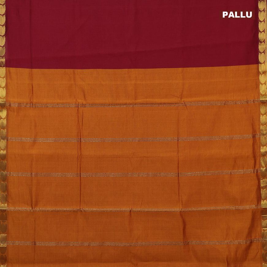 10 Yards poly cotton saree maroon and mustard yellow with plain body and paisley zari woven border