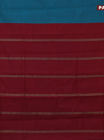 10 Yards poly cotton saree peacock green and maroon with plain body and paisley zari woven border