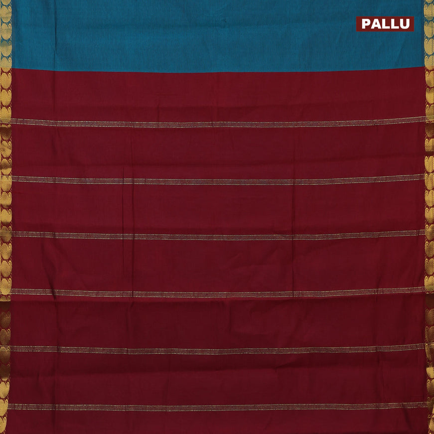 10 Yards poly cotton saree peacock green and maroon with plain body and paisley zari woven border