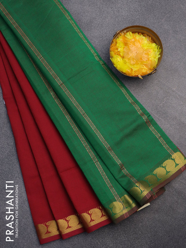 10 Yards poly cotton saree maroon and green with plain body and paisley zari woven border