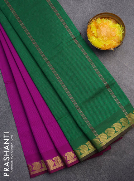 10 Yards poly cotton saree magenta pink and green with plain body and paisley zari woven border