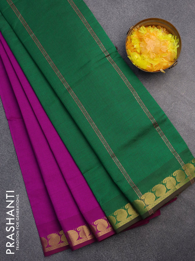 10 Yards poly cotton saree magenta pink and green with plain body and paisley zari woven border