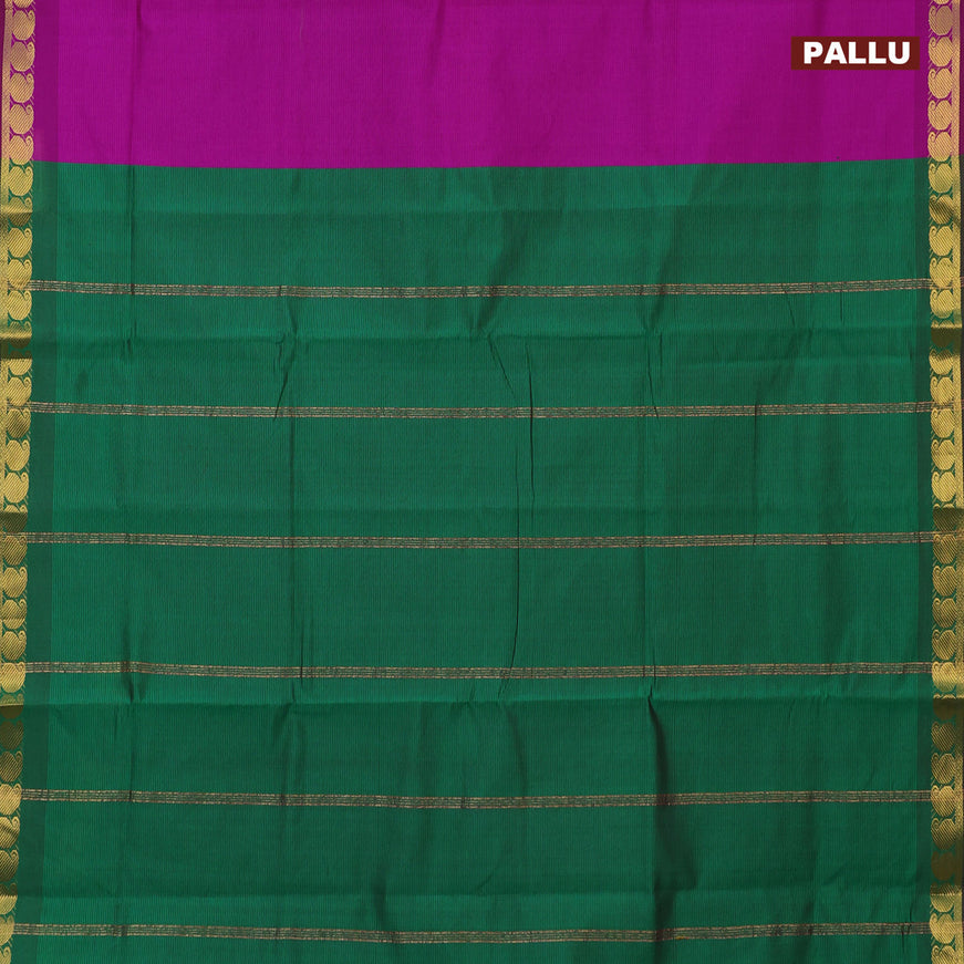 10 Yards poly cotton saree magenta pink and green with plain body and paisley zari woven border