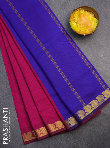 10 Yards poly cotton saree pink and blue with plain body and paisley zari woven border