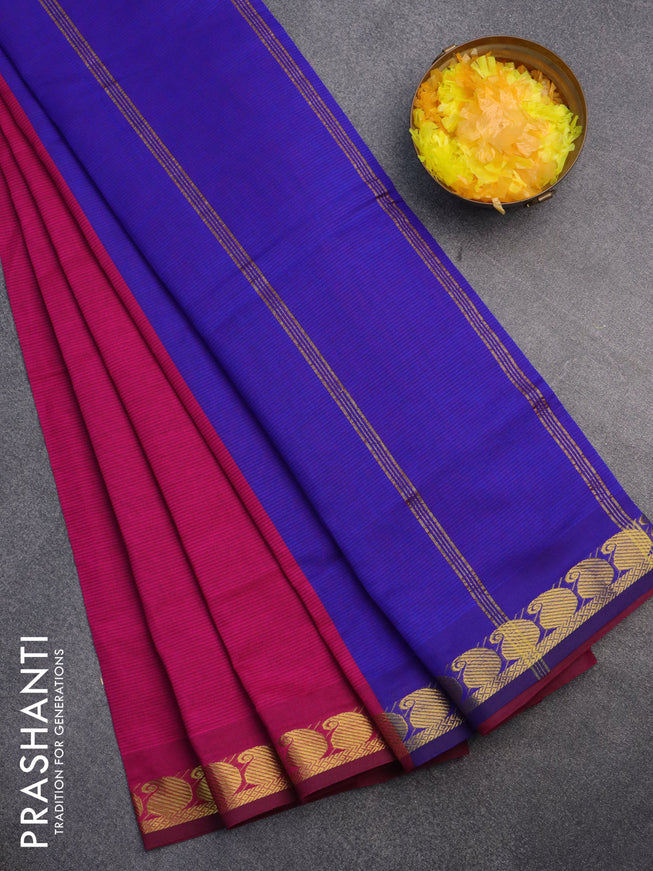 10 Yards poly cotton saree pink and blue with plain body and paisley zari woven border