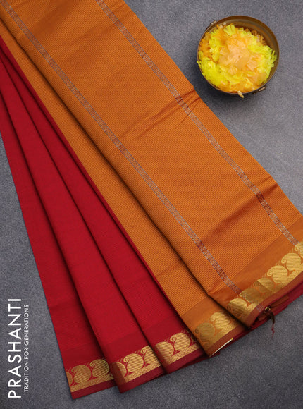 10 Yards poly cotton saree red and mustard yellow with plain body and paisley zari woven border