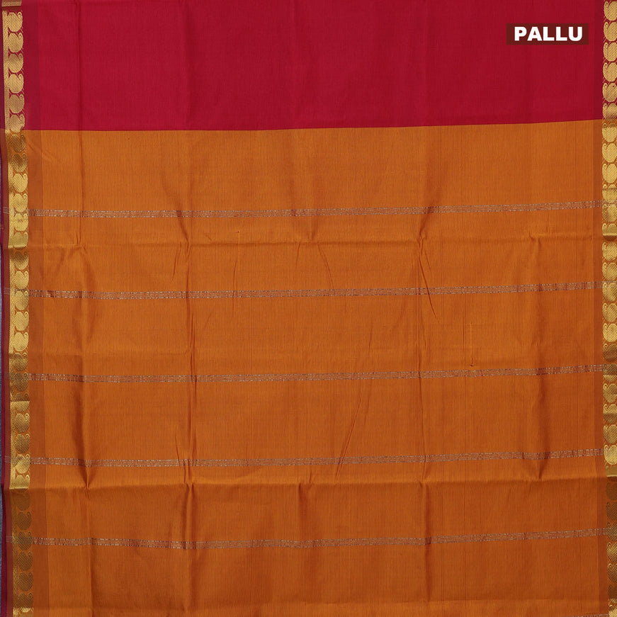 10 Yards poly cotton saree red and mustard yellow with plain body and paisley zari woven border