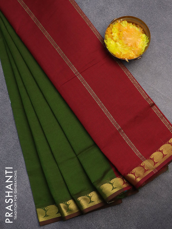 10 Yards poly cotton saree dual shade of sap green and maroon with plain body and paisley zari woven border