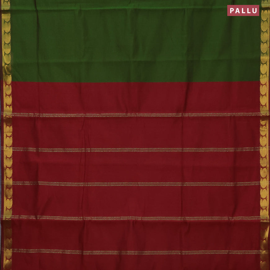 10 Yards poly cotton saree dual shade of sap green and maroon with plain body and paisley zari woven border