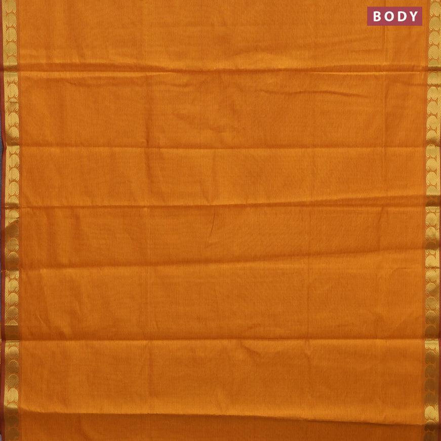 10 Yards poly cotton saree dark mustard and maroon with plain body and paisley zari woven border