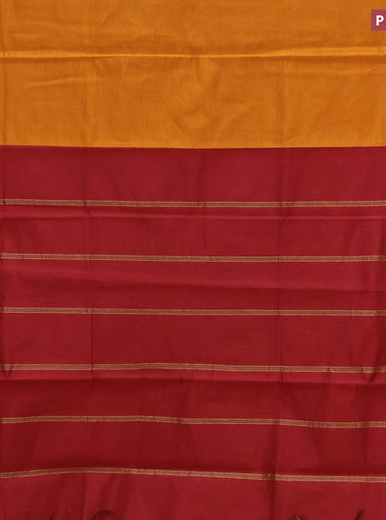 10 Yards poly cotton saree dark mustard and maroon with plain body and paisley zari woven border