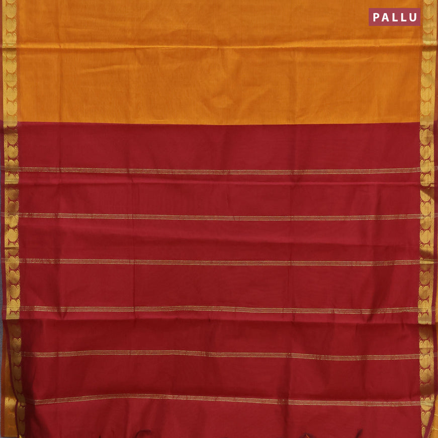 10 Yards poly cotton saree dark mustard and maroon with plain body and paisley zari woven border