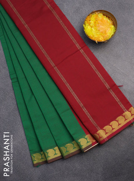 10 Yards poly cotton saree dual shade of green and maroon with plain body and paisley zari woven border