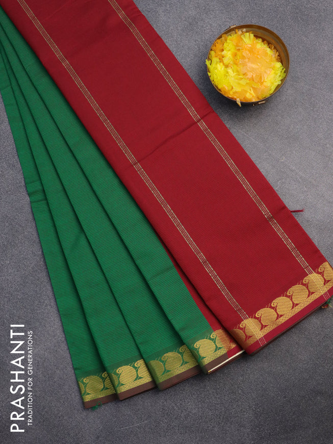 10 Yards poly cotton saree dual shade of green and maroon with plain body and paisley zari woven border