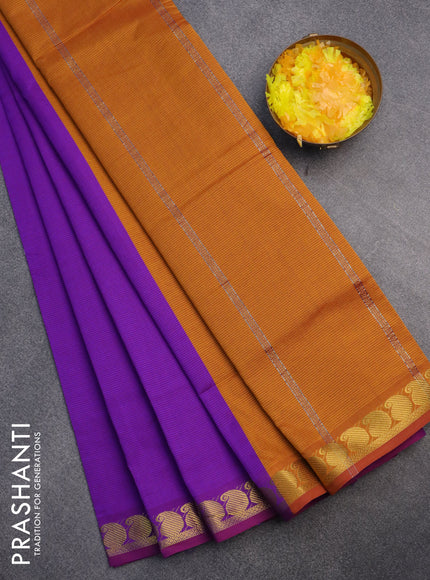 10 Yards poly cotton saree violet shade and mustard yellow with plain body and paisley zari woven border