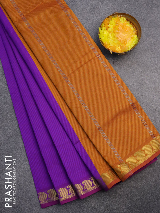 10 Yards poly cotton saree violet shade and mustard yellow with plain body and paisley zari woven border