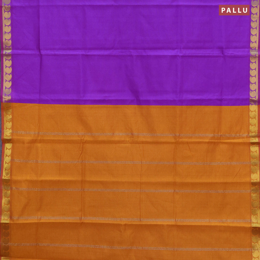 10 Yards poly cotton saree violet shade and mustard yellow with plain body and paisley zari woven border