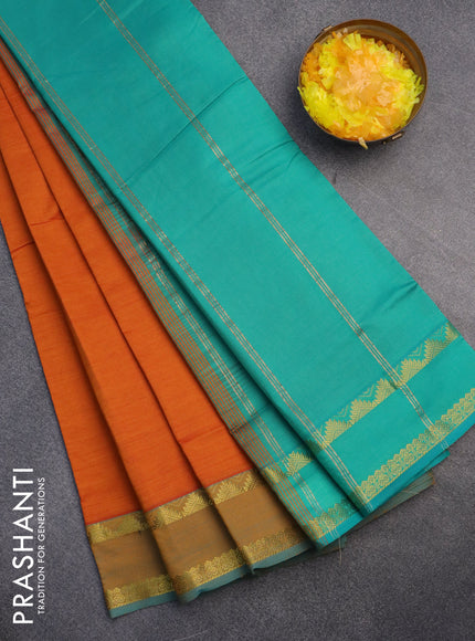 10 Yards poly cotton saree dual shade of sunset orange and teal blue shade with plain body and rettapet zari woven border