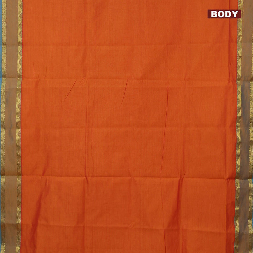 10 Yards poly cotton saree dual shade of sunset orange and teal blue shade with plain body and rettapet zari woven border