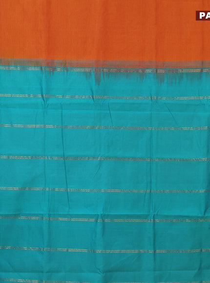 10 Yards poly cotton saree dual shade of sunset orange and teal blue shade with plain body and rettapet zari woven border