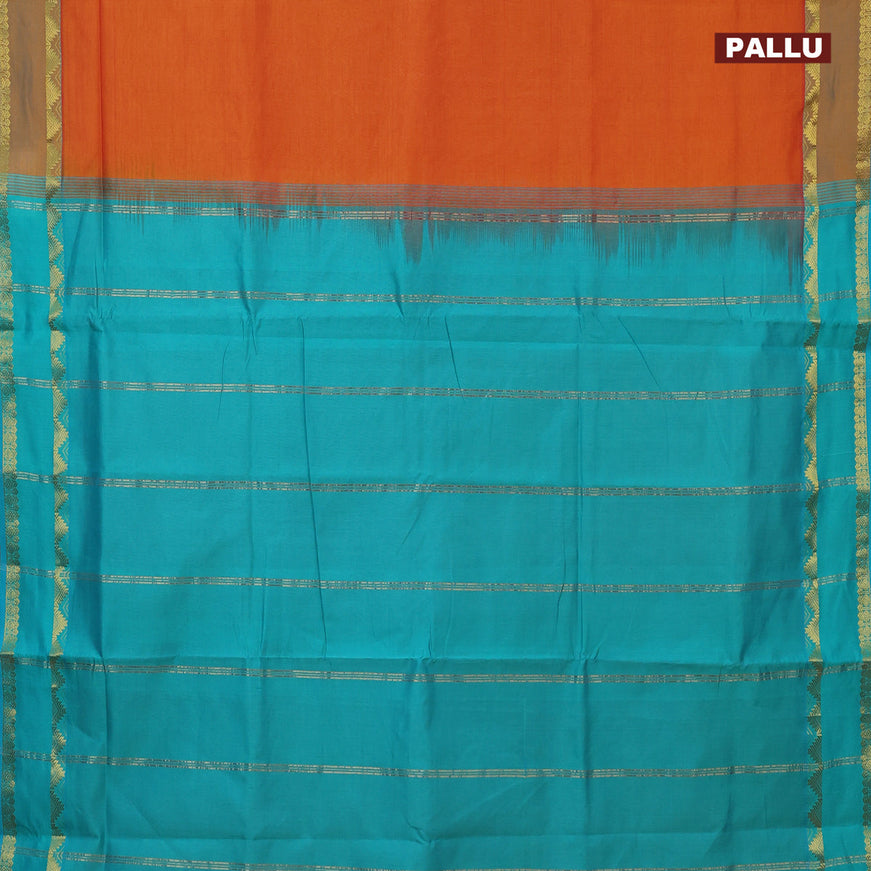 10 Yards poly cotton saree dual shade of sunset orange and teal blue shade with plain body and rettapet zari woven border