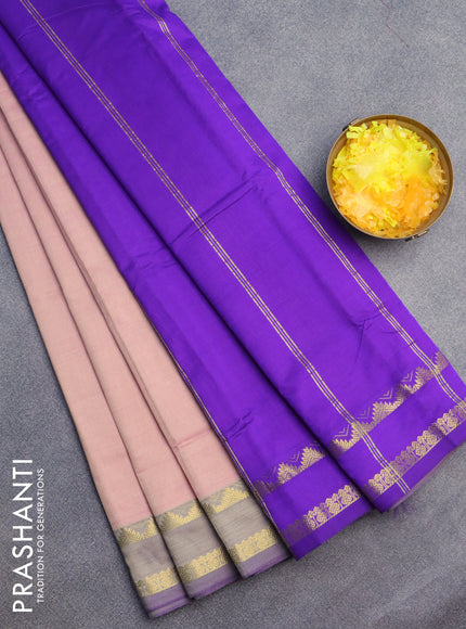 10 Yards poly cotton saree dual shade of mild peach and violet with plain body and rettapet zari woven border