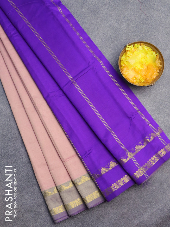 10 Yards poly cotton saree dual shade of mild peach and violet with plain body and rettapet zari woven border