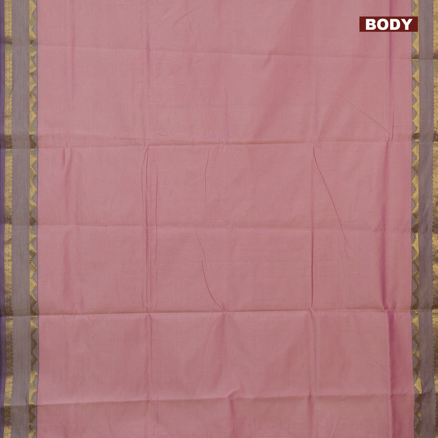 10 Yards poly cotton saree dual shade of mild peach and violet with plain body and rettapet zari woven border