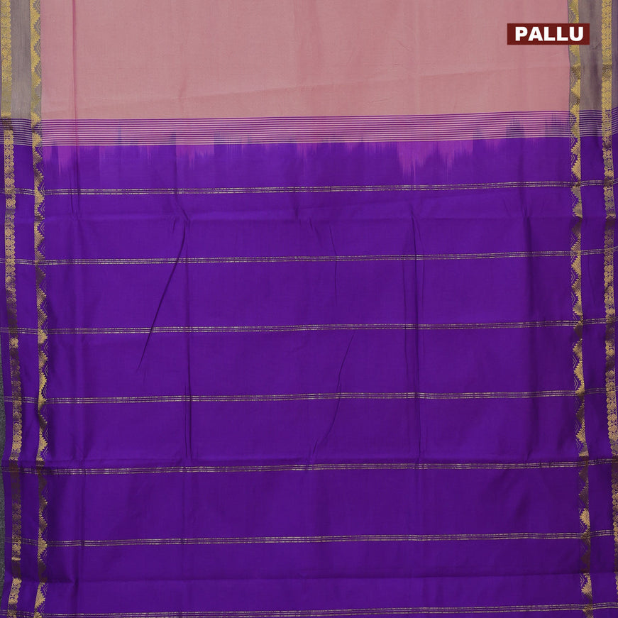 10 Yards poly cotton saree dual shade of mild peach and violet with plain body and rettapet zari woven border