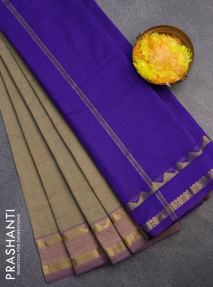 10 Yards poly cotton saree dual shade of beige and violet with plain body and rettapet zari woven border