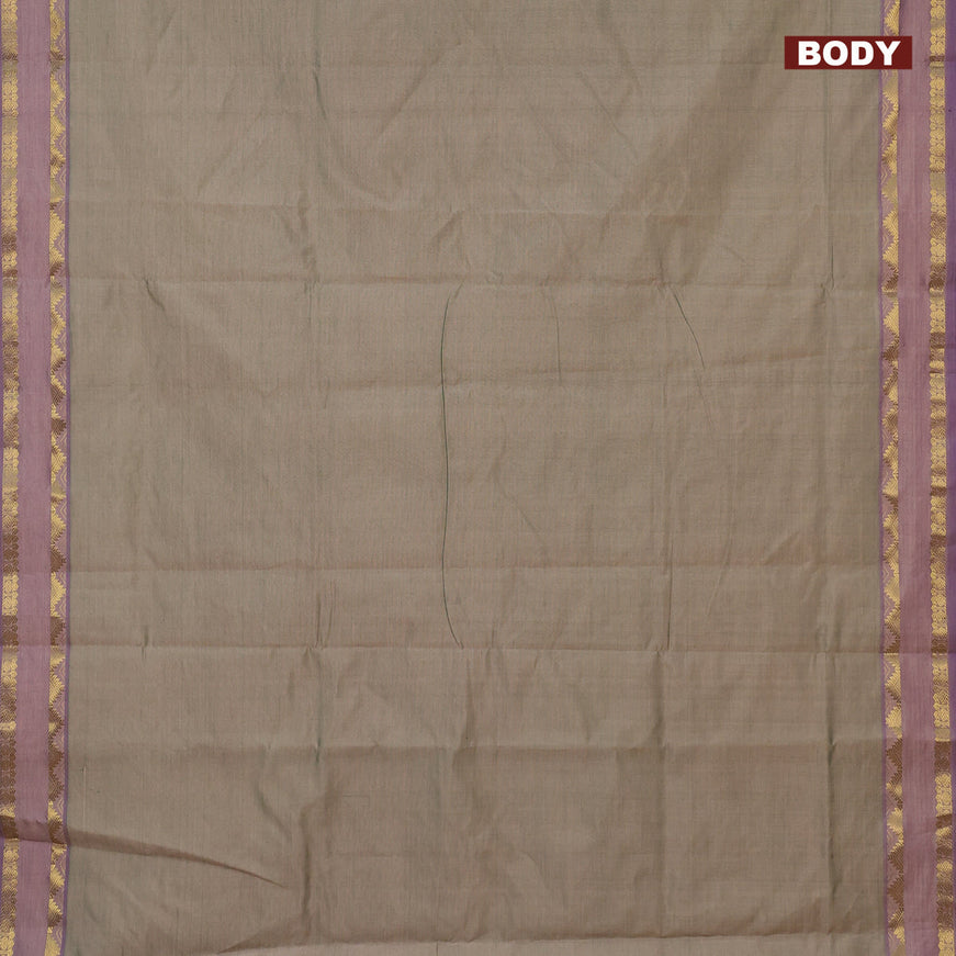 10 Yards poly cotton saree dual shade of beige and violet with plain body and rettapet zari woven border