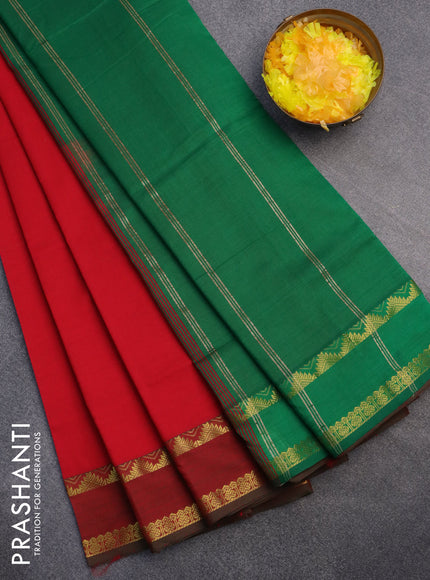 10 Yards poly cotton saree red and green with plain body and rettapet zari woven border