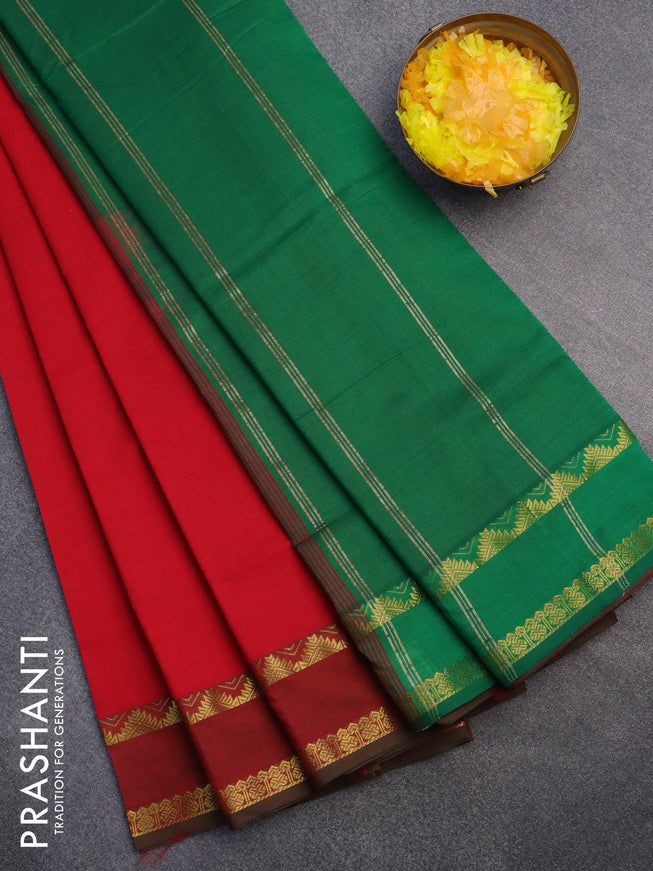 10 Yards poly cotton saree red and green with plain body and rettapet zari woven border