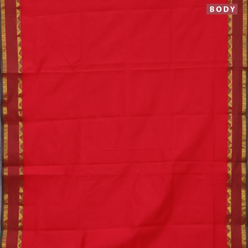 10 Yards poly cotton saree red and green with plain body and rettapet zari woven border